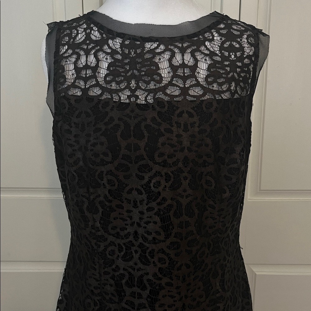 Elegant Julia Jordan brown and black lace and mesh sheath cocktail dress